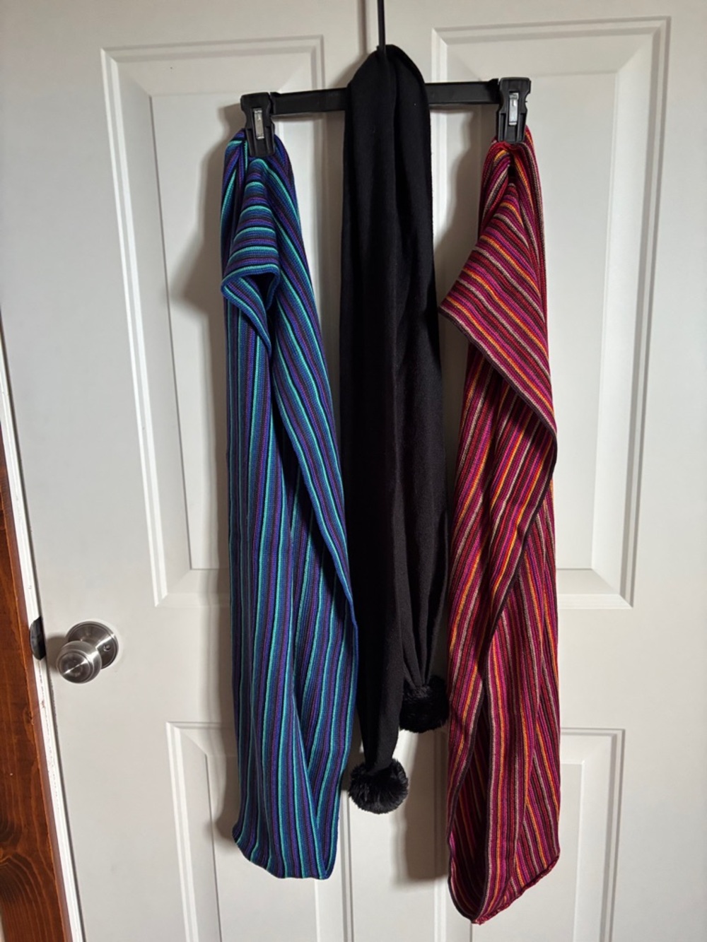 Striped Blue & Pink Scarves + Black Pom Scarf